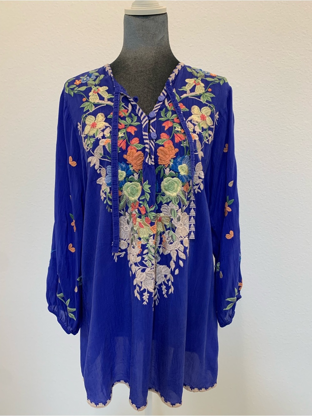 Johnny Was Royal Blue Embroidered V-Neck Tunic